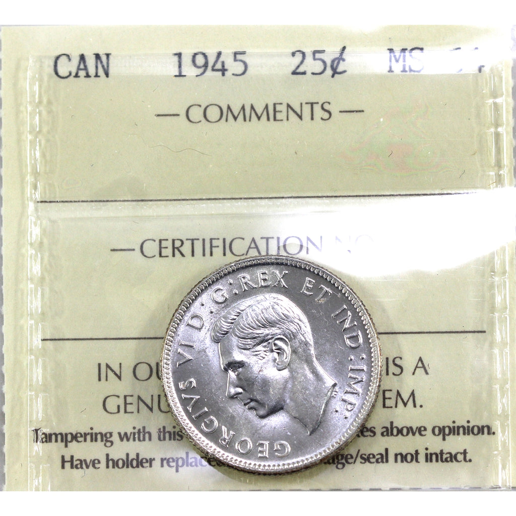 1945 Canada 25-cents ICCS Certified MS64