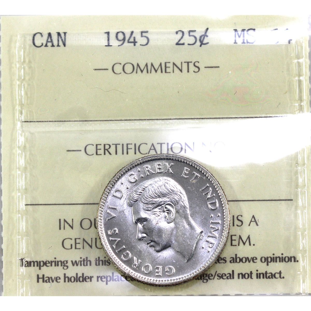1945 Canada 25-cents ICCS Certified MS64