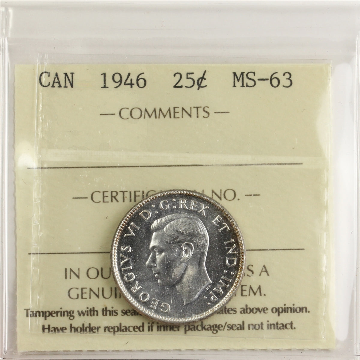 1946 Canada 25-cents ICCS Certified MS63