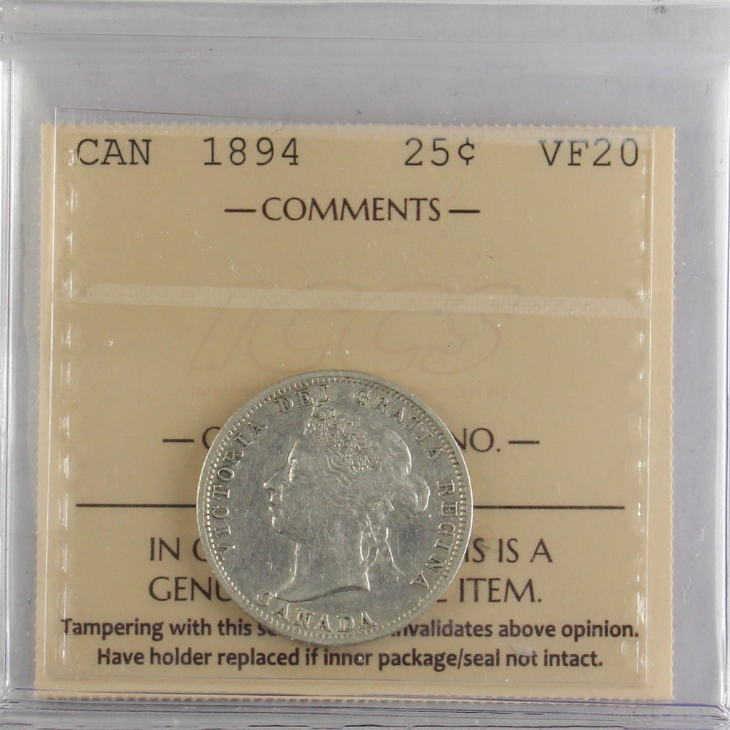 1894 Canada 25-cents ICCS Certified VF20