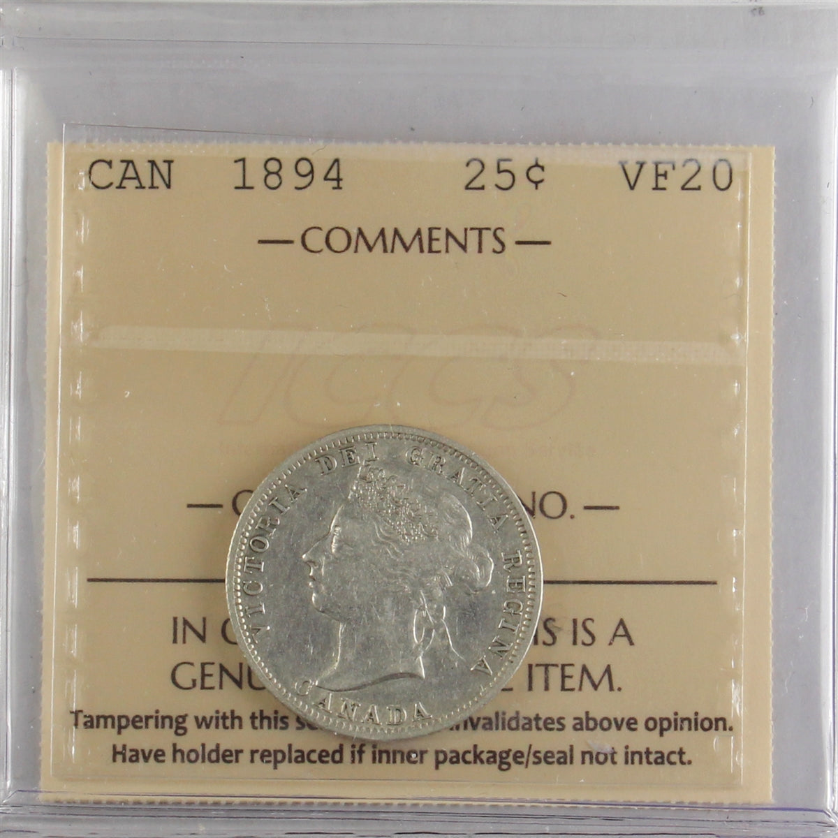 1894 Canada 25-cents ICCS Certified VF20