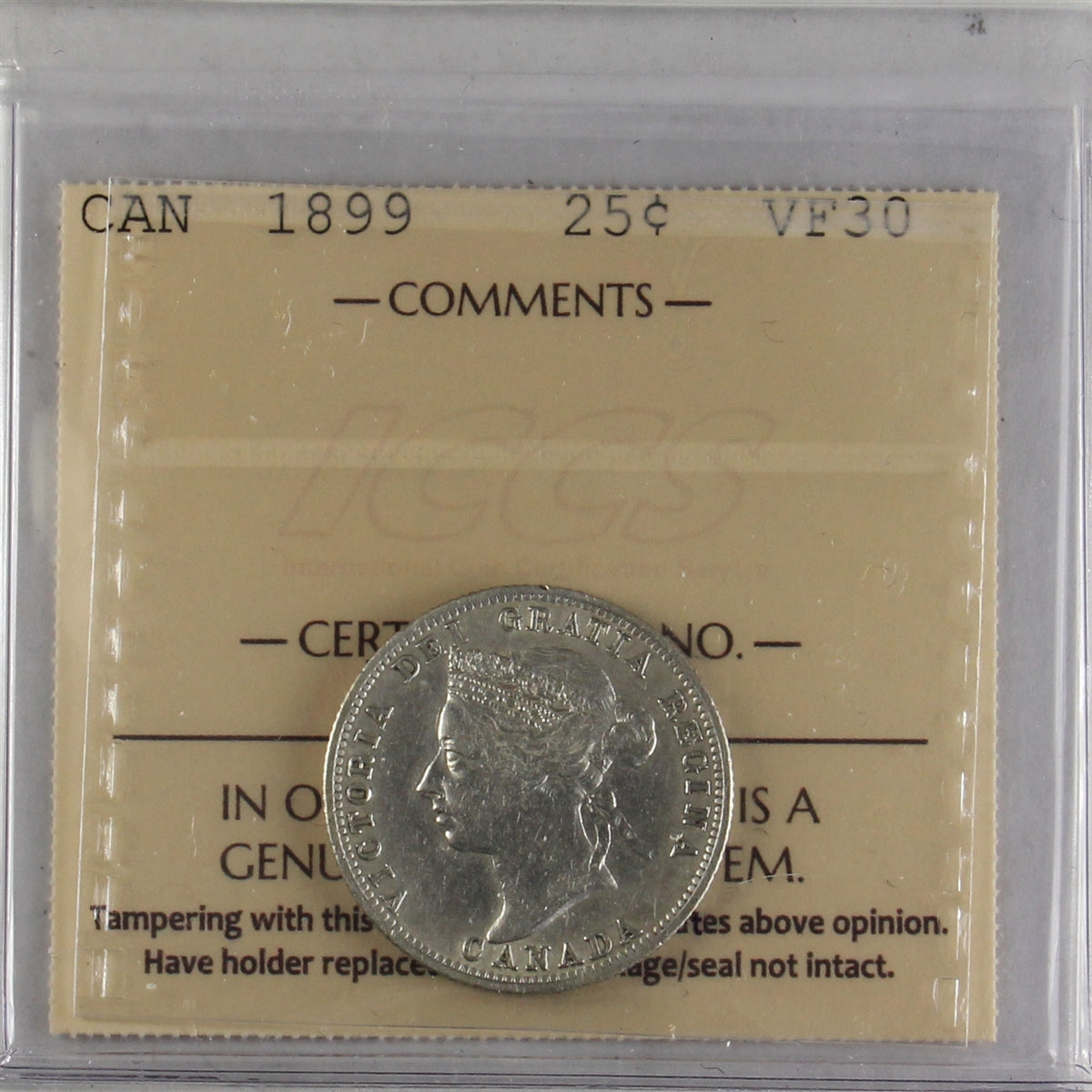 1899 Canada 25-cents ICCS Certified VF30