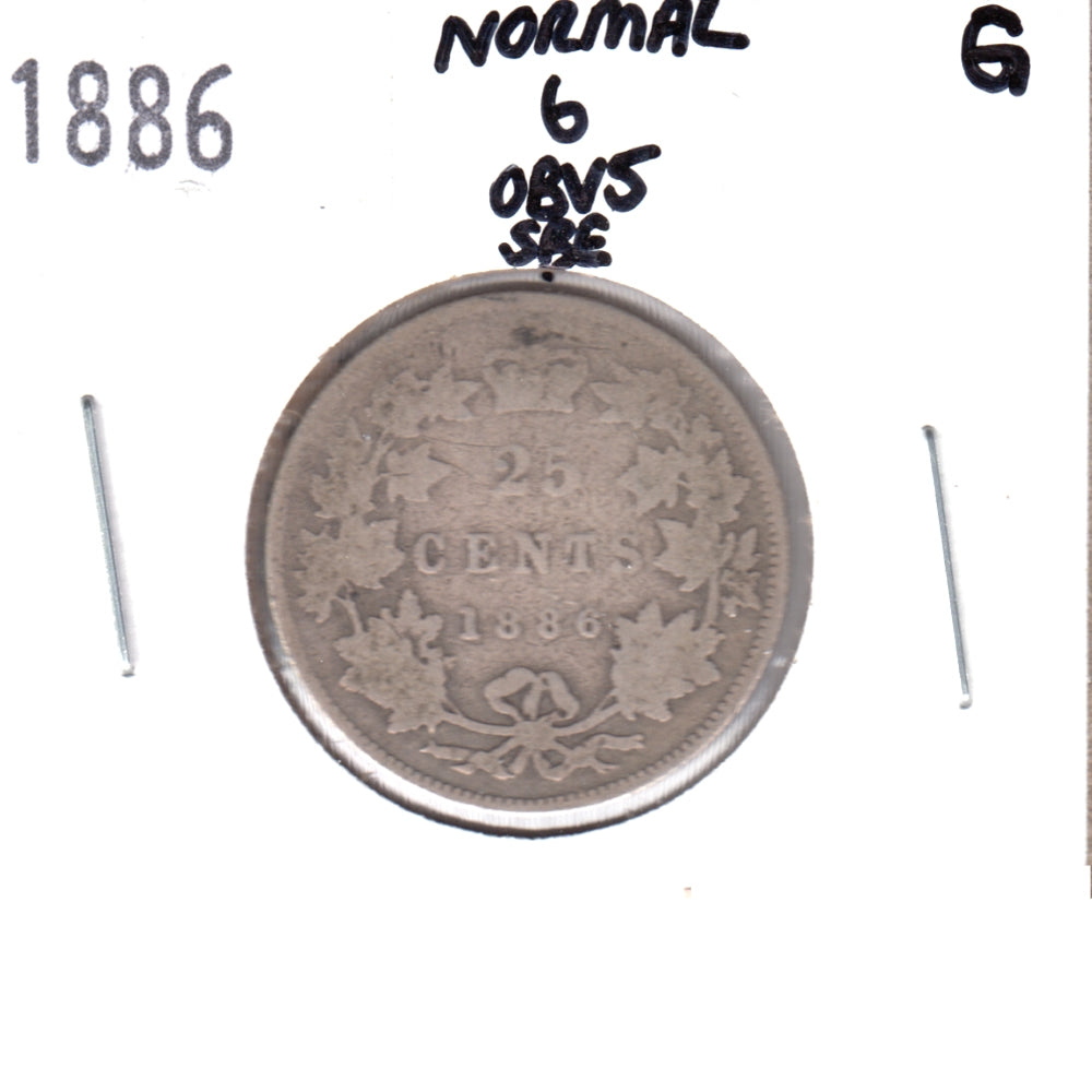 1886 Normal 6 Obv. 5 SBE Canada 25-cents Good (G4)