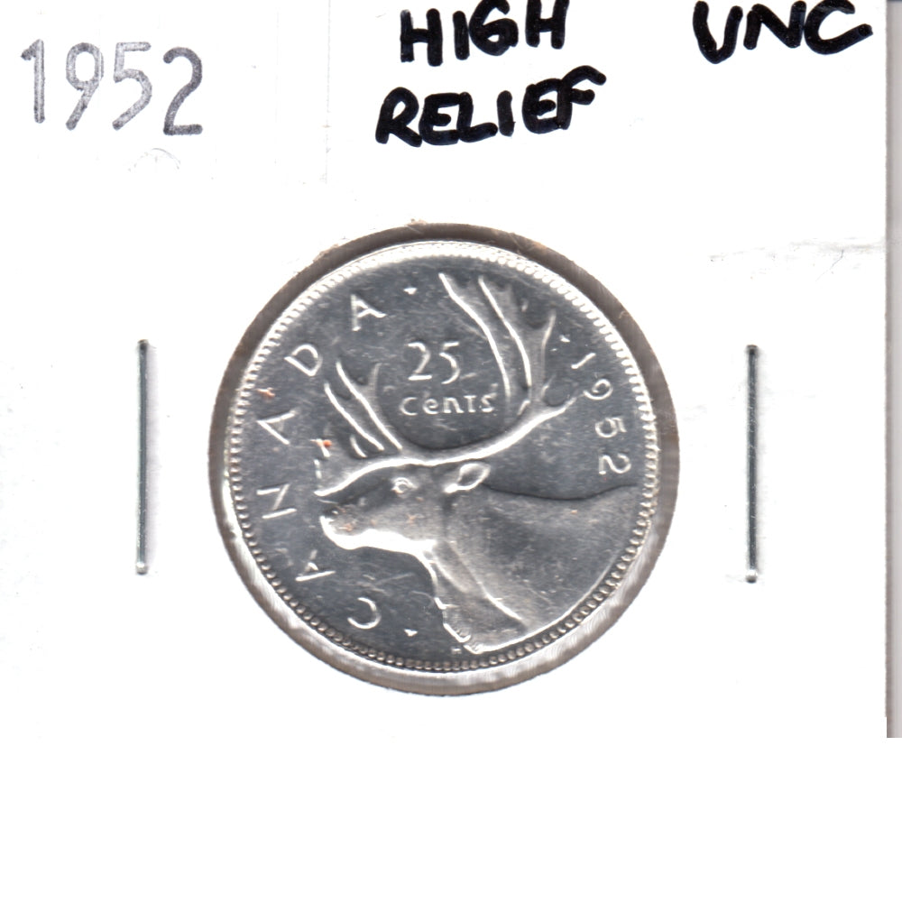 1952 High Relief Canada 25-cents Uncirculated (MS60)