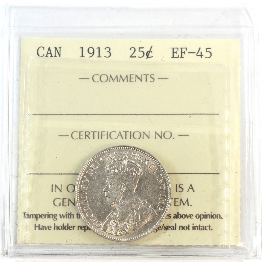 1913 Canada 25-cents ICCS Certified EF45