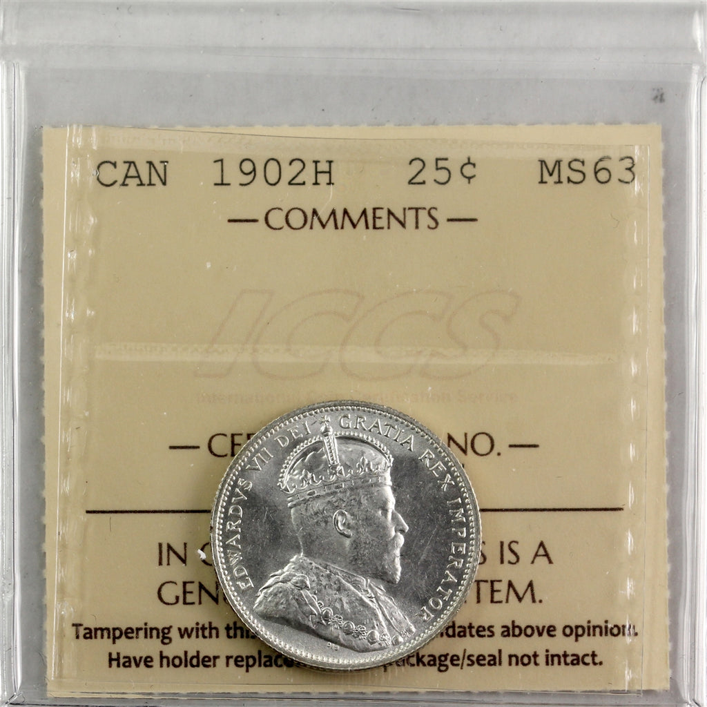 1902H Canada 25-cents ICCS Certified MS63 (XDM 187)