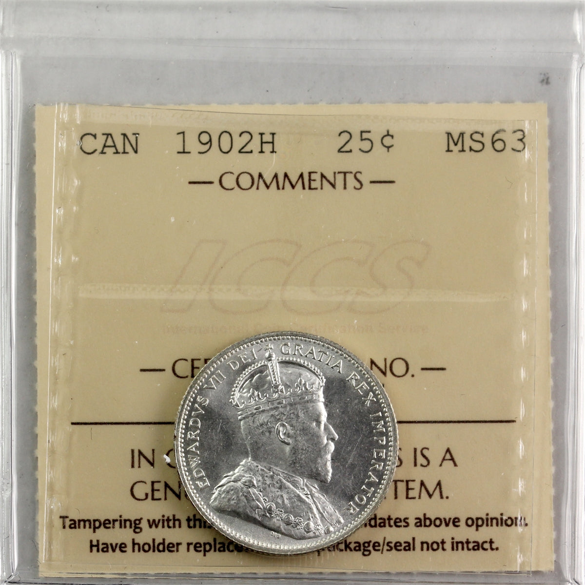 1902H Canada 25-cents ICCS Certified MS63 (XDM 187)