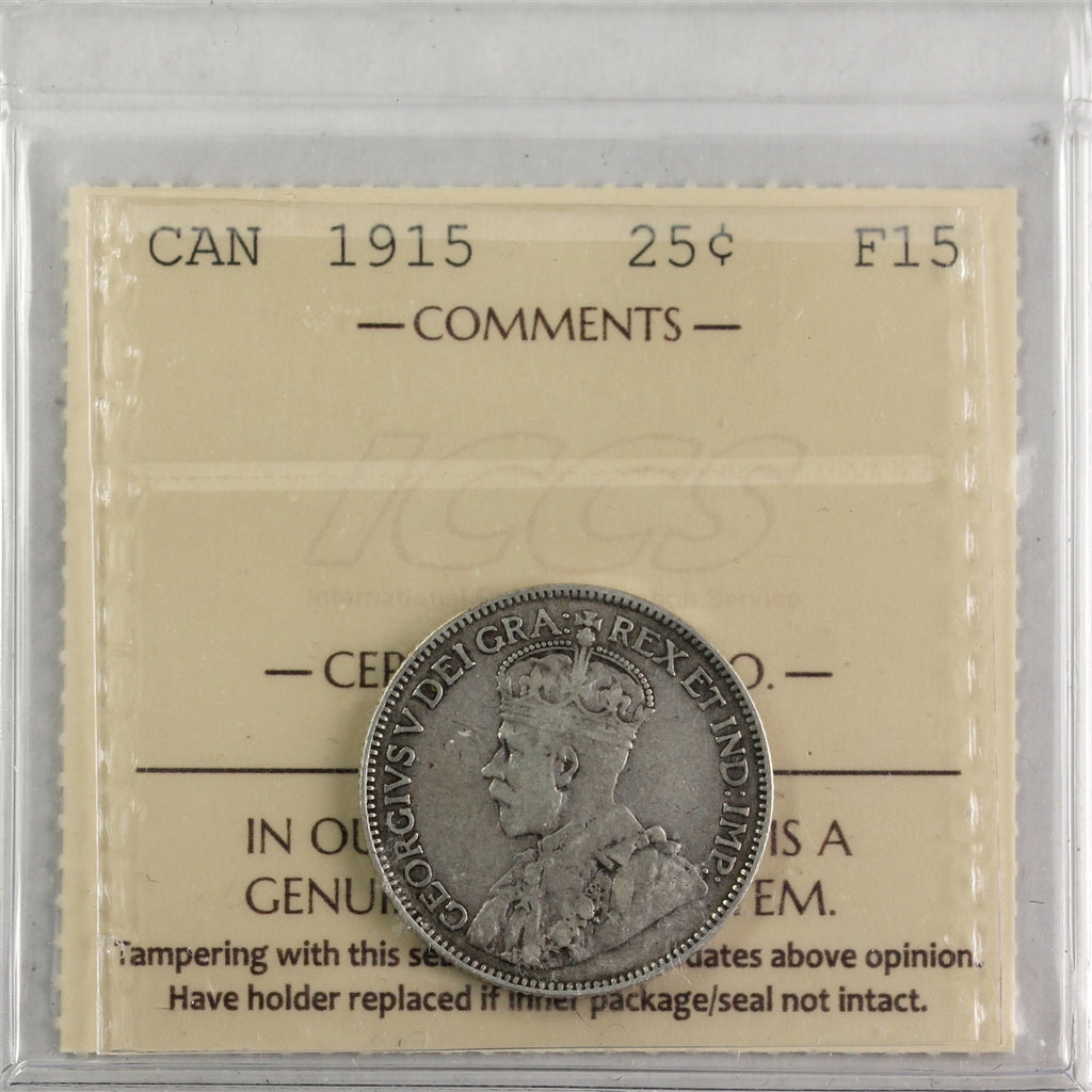 1915 Canada 25-cents ICCS Certified F15