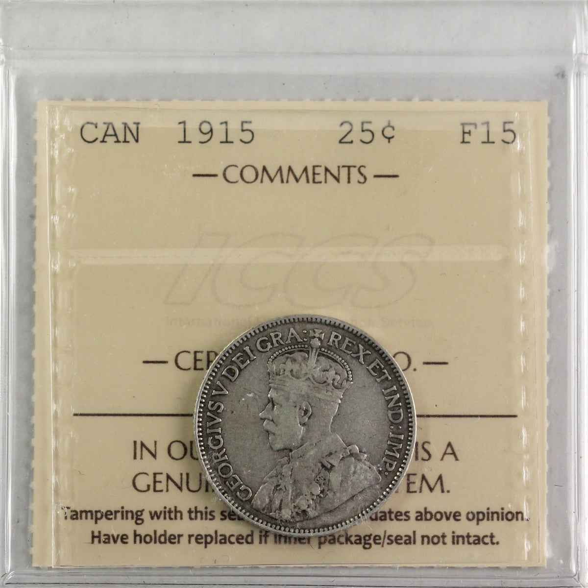 1915 Canada 25-cents ICCS Certified F15
