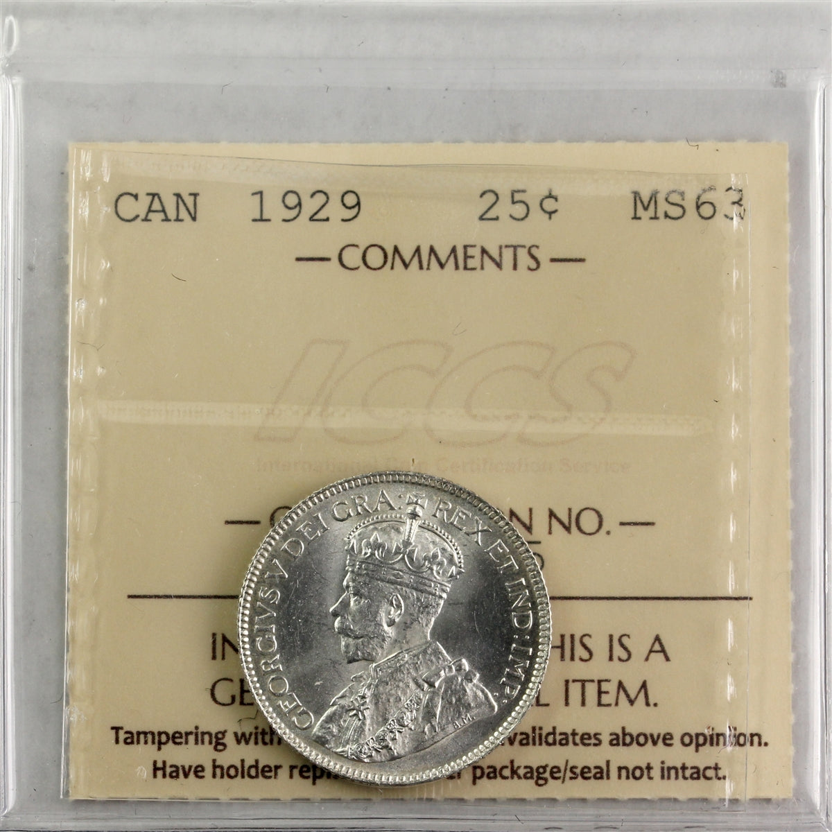1929 Canada 25-cents ICCS Certified MS63 (XDM 195)