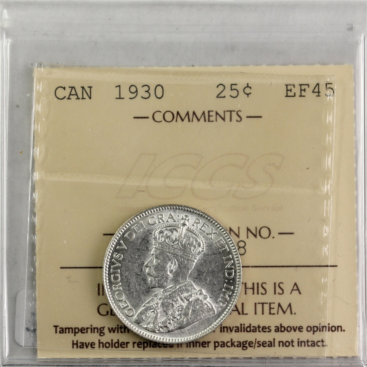 1930 Canada 25-cents ICCS Certified EF45