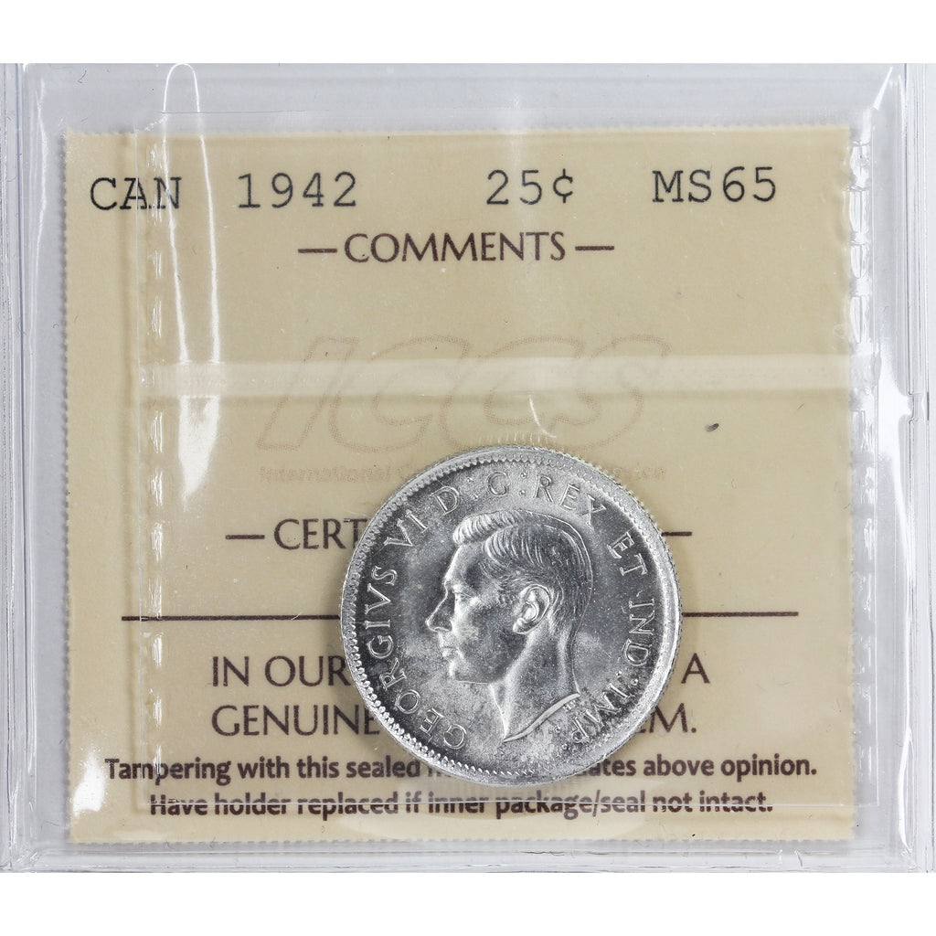 1942 Canada 25-cents ICCS Certified MS65 (XQM 437)