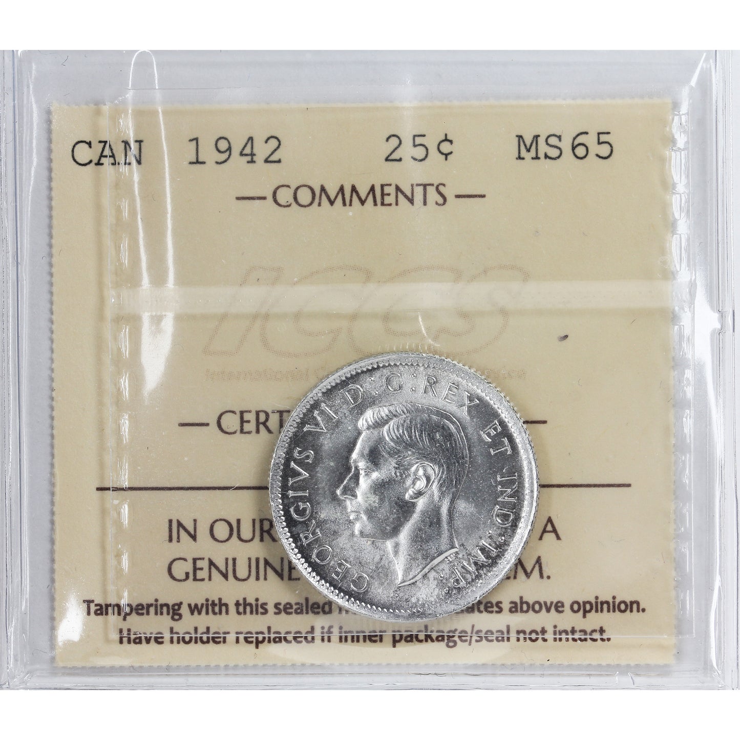 1942 Canada 25-cents ICCS Certified MS65 (XQM 437)