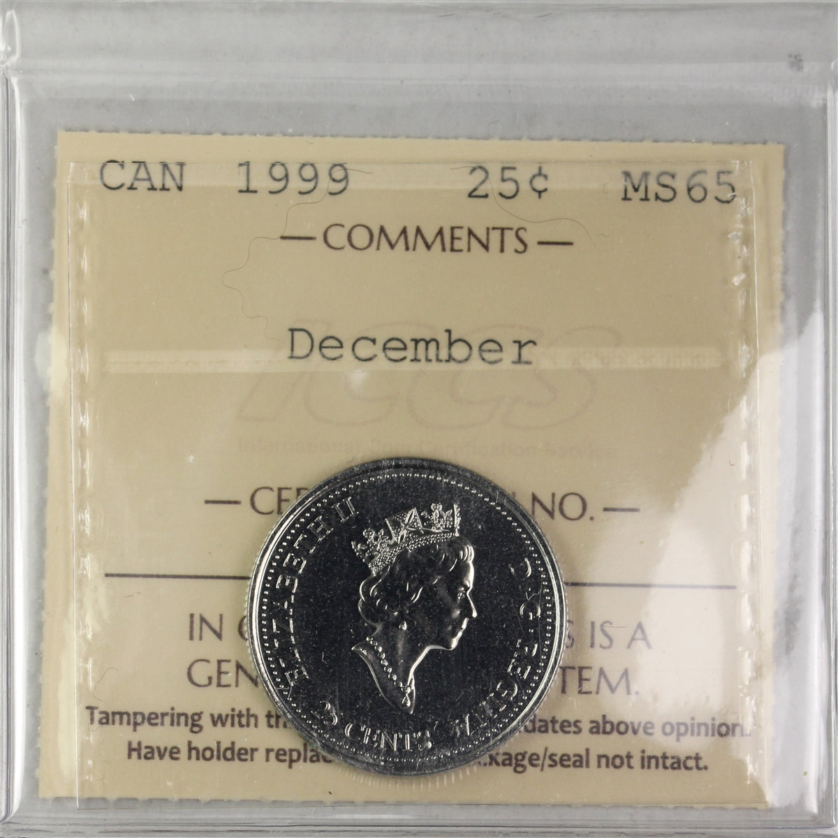 1999 December Canada 25-cents ICCS Certified MS65