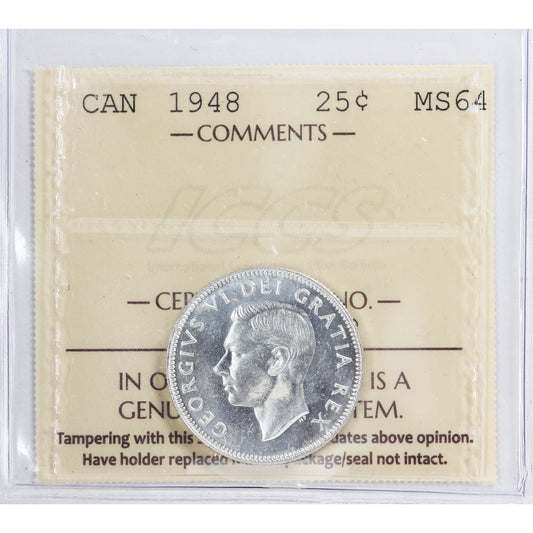 1948 Canada 25-cents ICCS Certified MS64 (XWY 380)