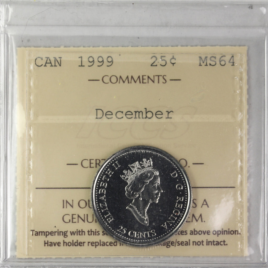 1999 December Canada 25-cents ICCS Certified MS64
