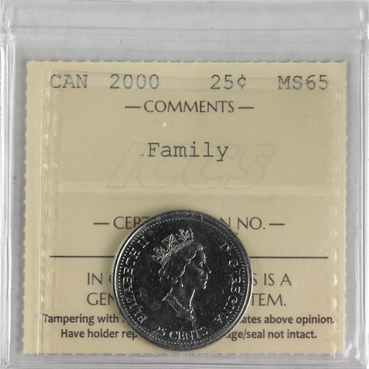2000 Family Canada 25-cents ICCS Certified MS65