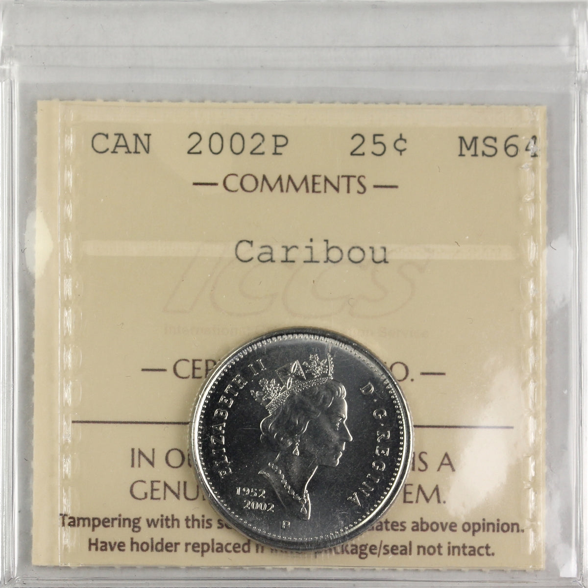 2002P Caribou Canada 25-cents ICCS Certified MS64