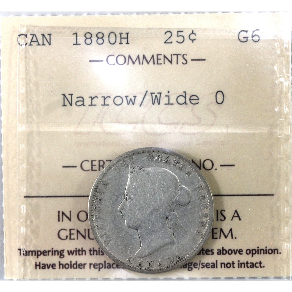 1880H Narrow/Wide 0 Canada 25-cents ICCS Certified G6