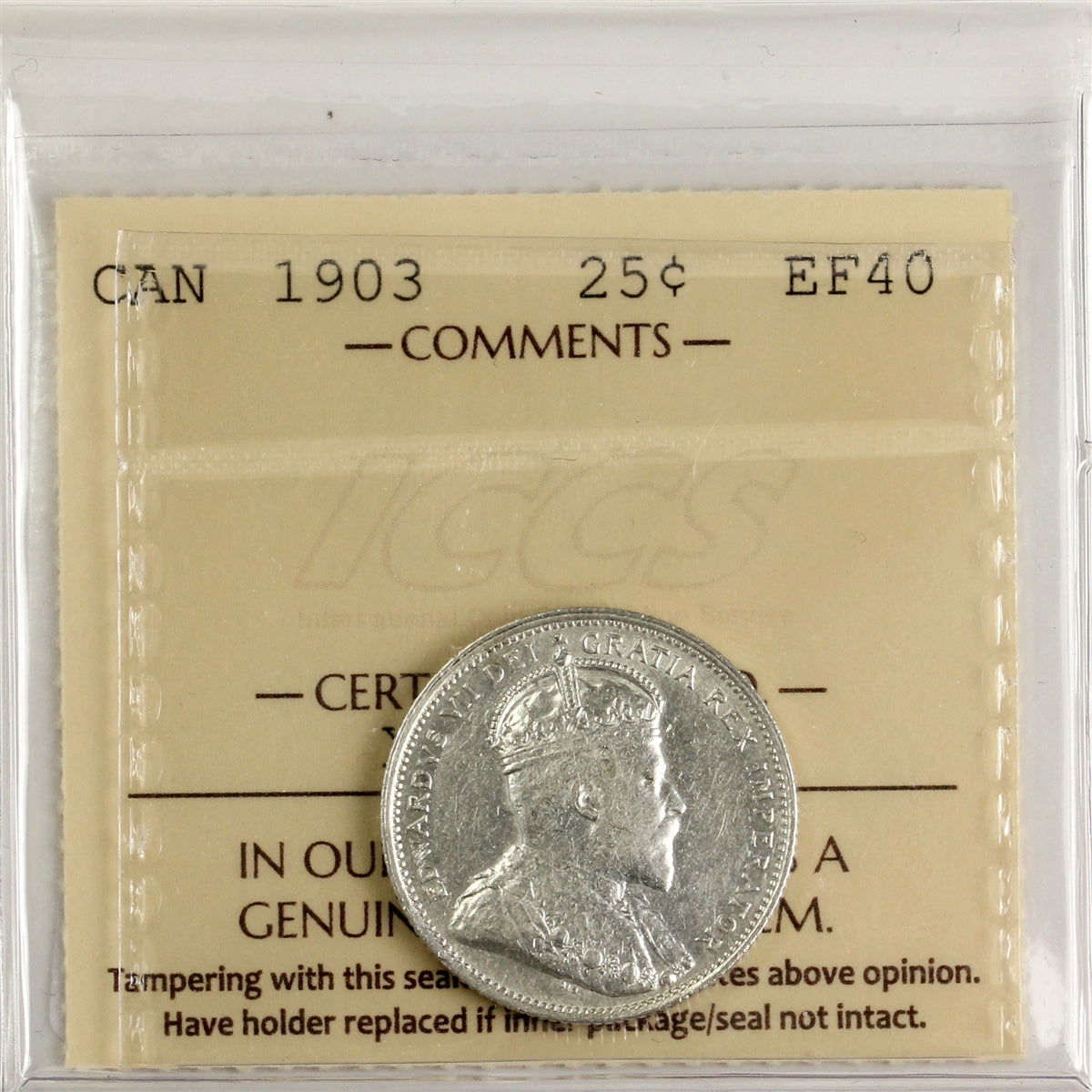1903 Canada 25-cents ICCS Certified EF40