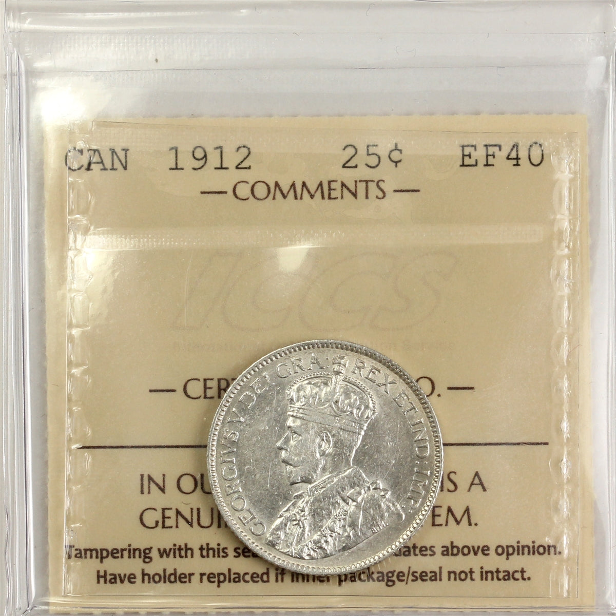 1912 Canada 25-cents ICCS Certified EF40