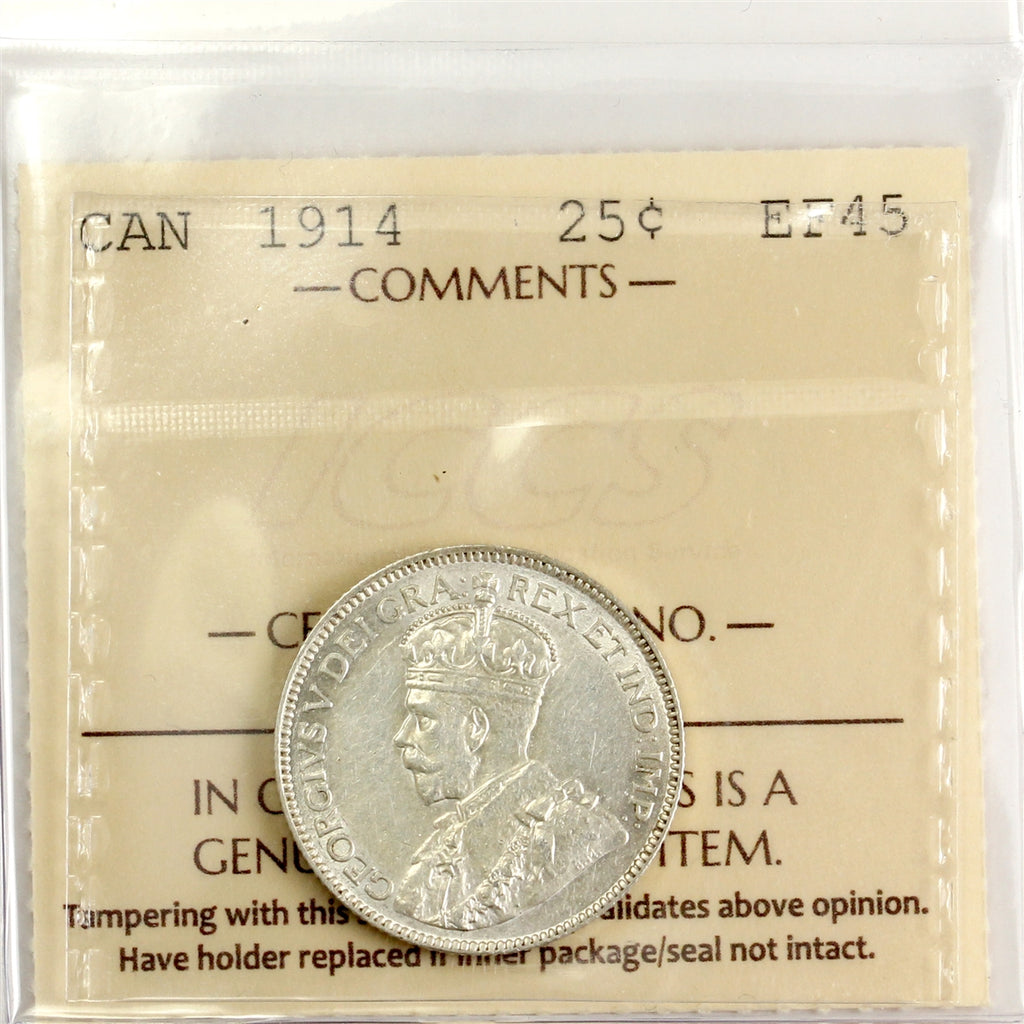 1914 Canada 25-cents ICCS Certified EF45