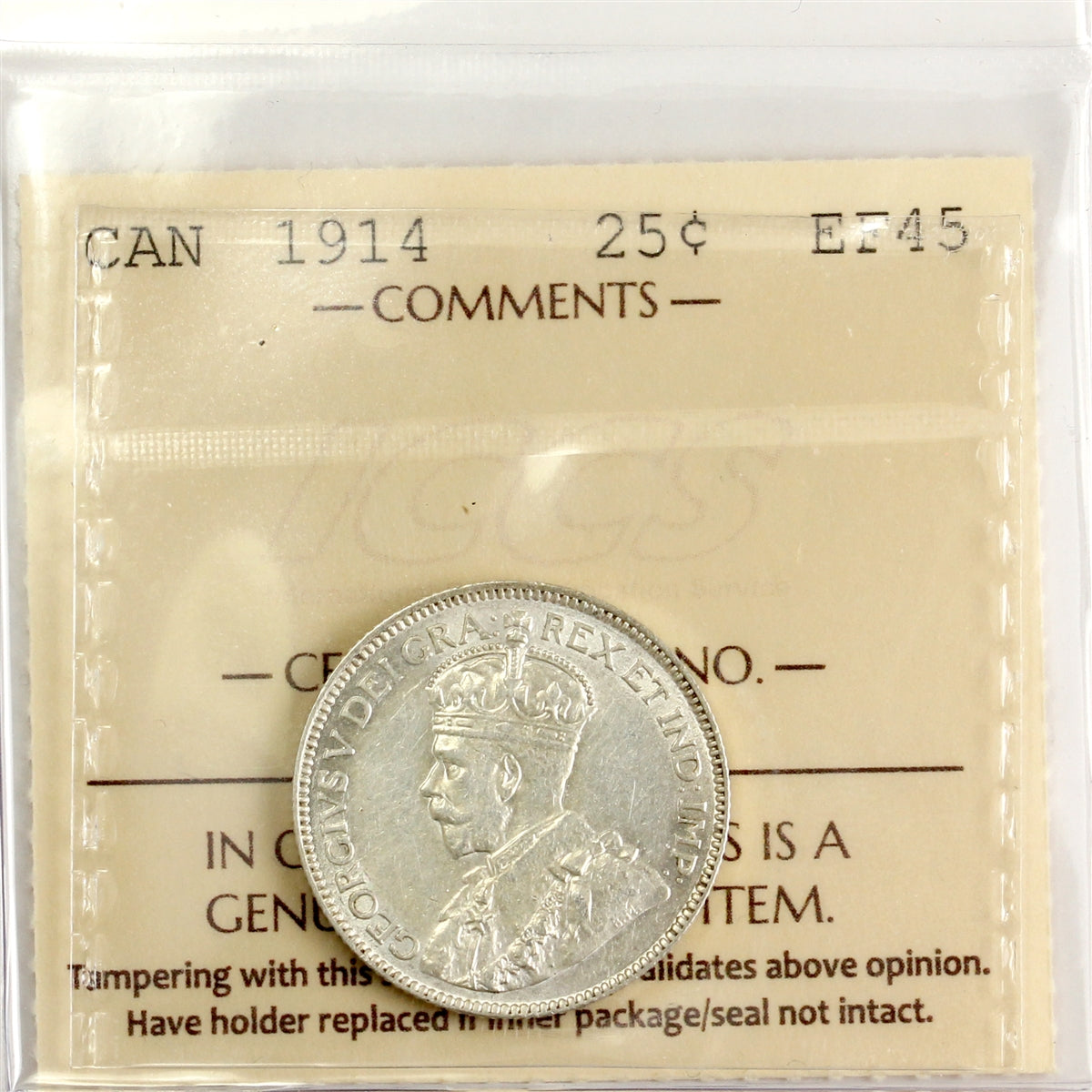 1914 Canada 25-cents ICCS Certified EF45