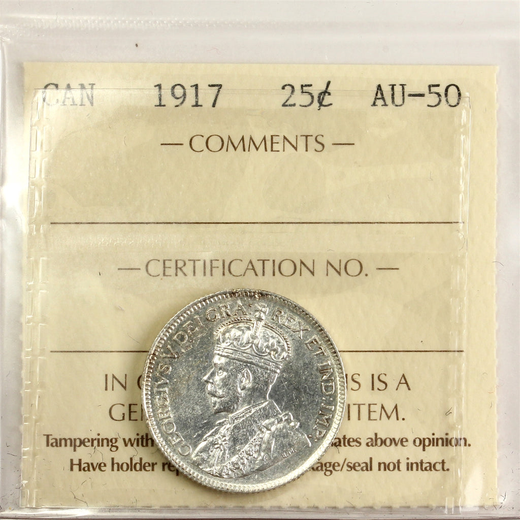 1917 Canada 25-cents ICCS Certified AU50