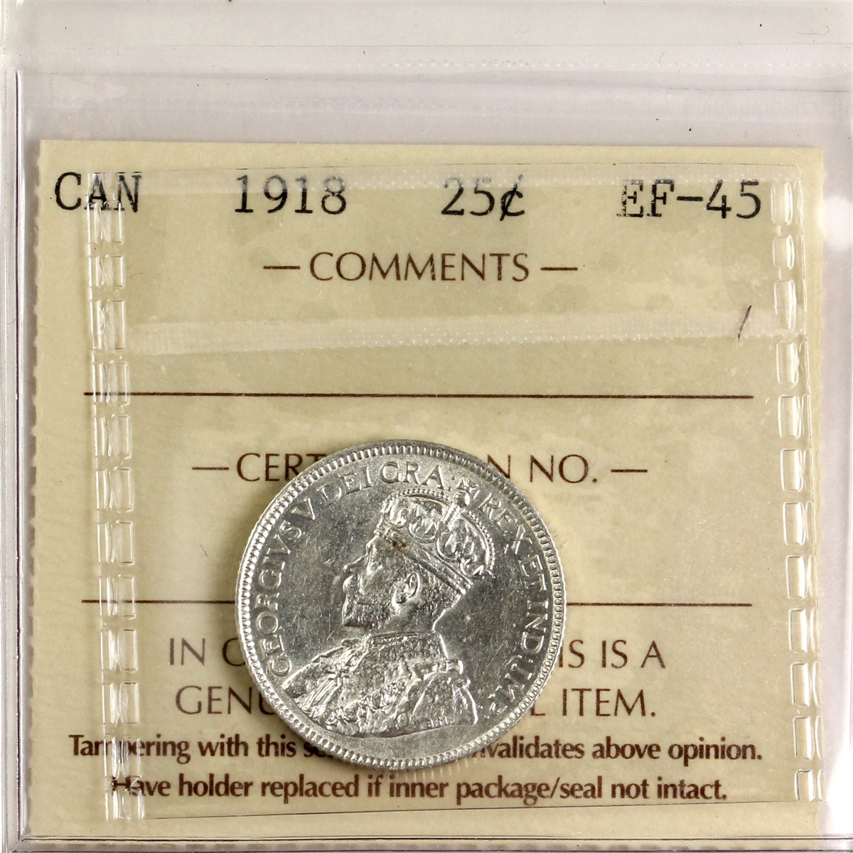 1918 Canada 25-cents ICCS Certified EF45