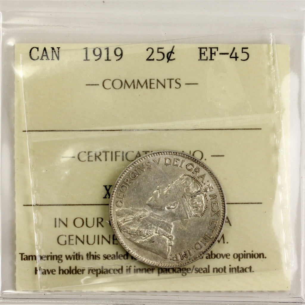 1919 Canada 25-cents ICCS Certified EF45