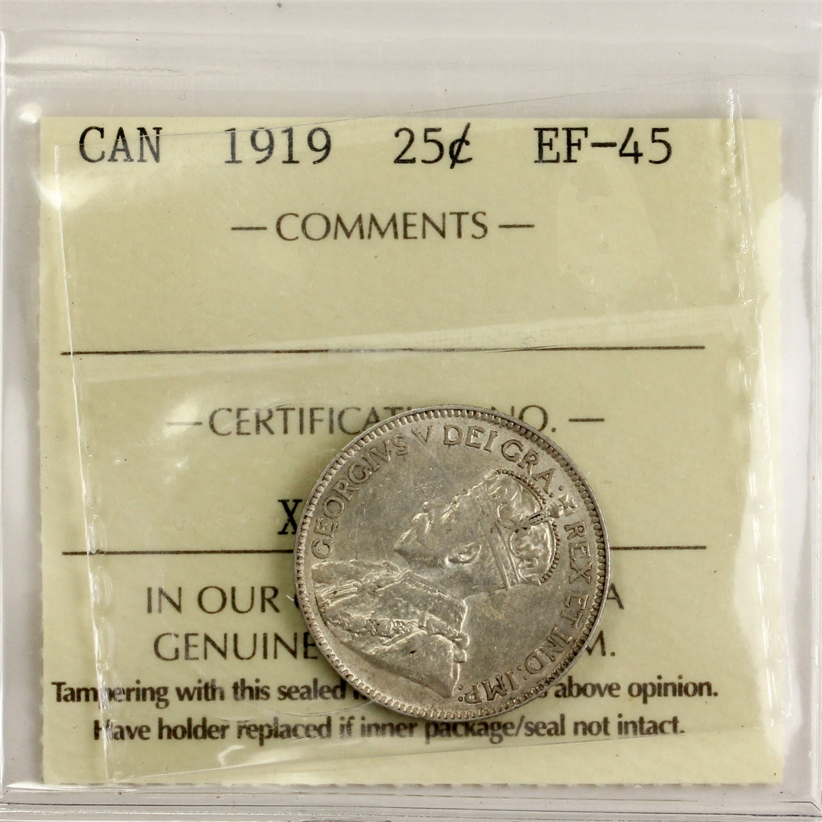 1919 Canada 25-cents ICCS Certified EF45