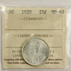 1920 Canada 25-cents ICCS Certified MS62 (MO 430)
