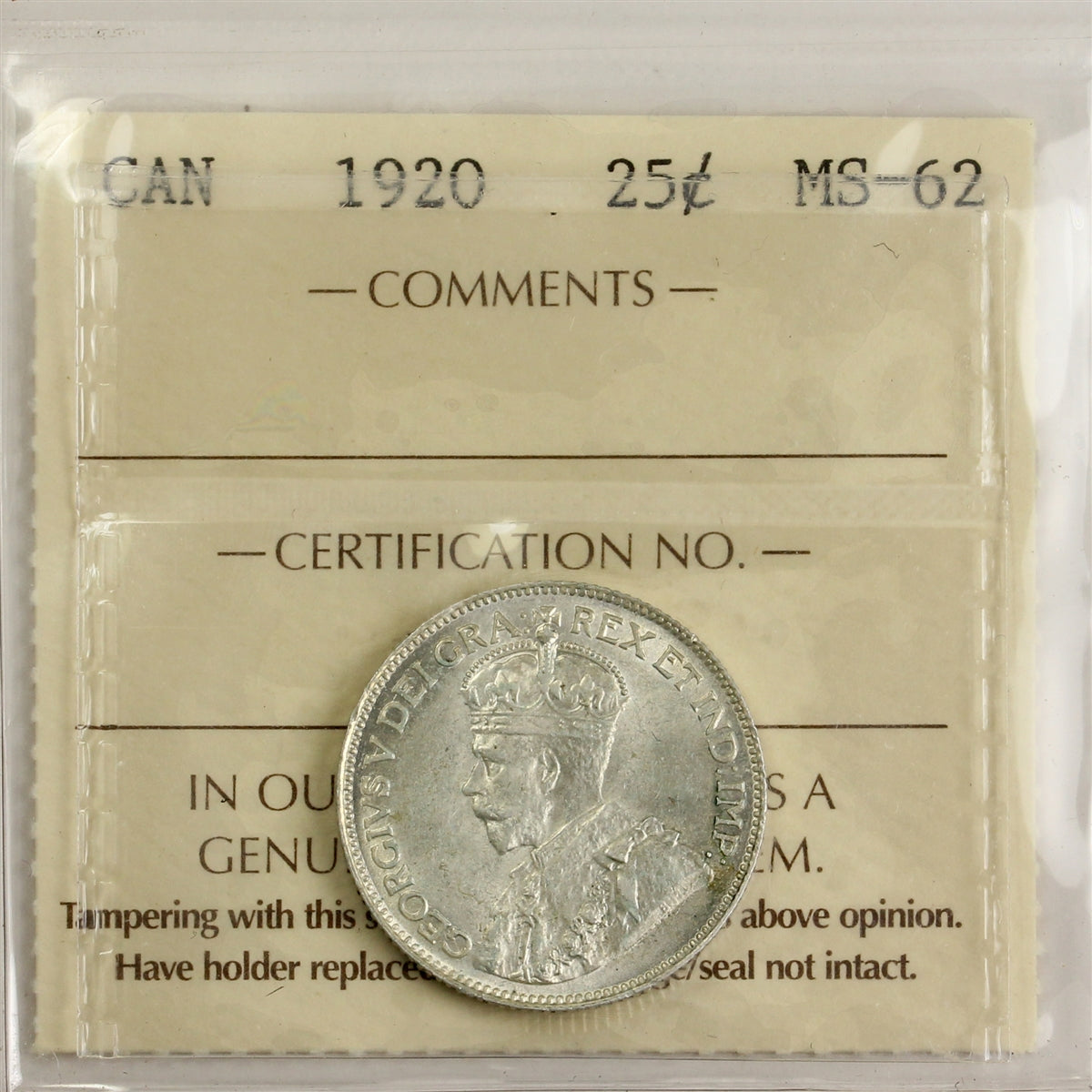 1920 Canada 25-cents ICCS Certified MS62 (MO 430)