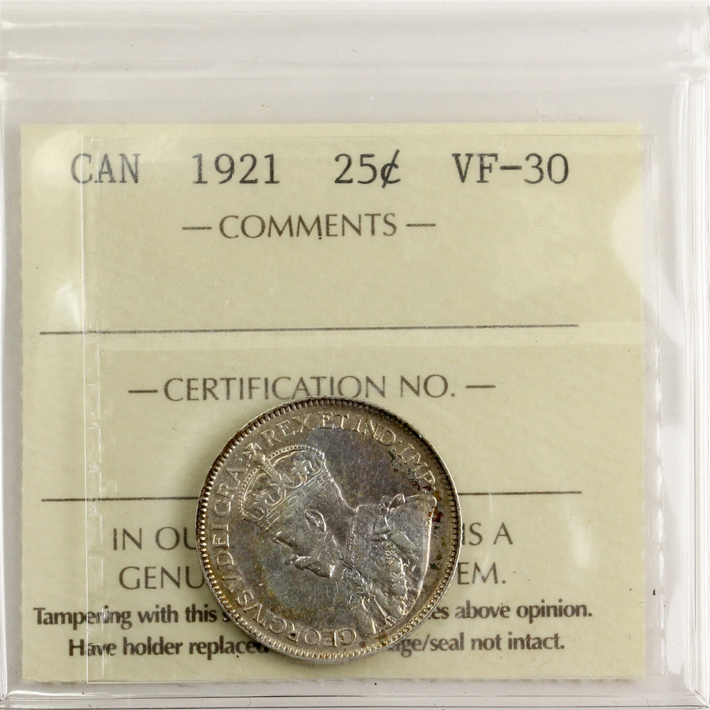 1921 Canada 25-cents ICCS Certified VF30