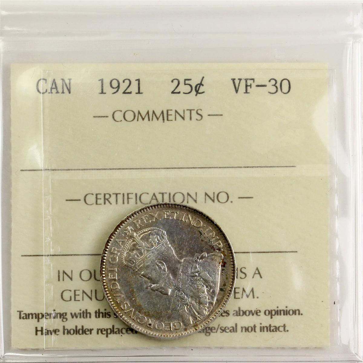 1921 Canada 25-cents ICCS Certified VF30