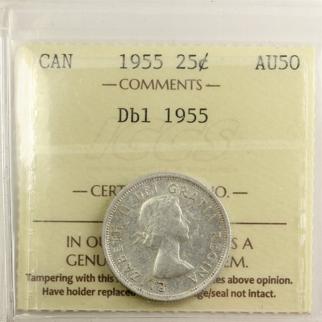 1955 Double 1955 Canada 25-cents ICCS Certified AU50