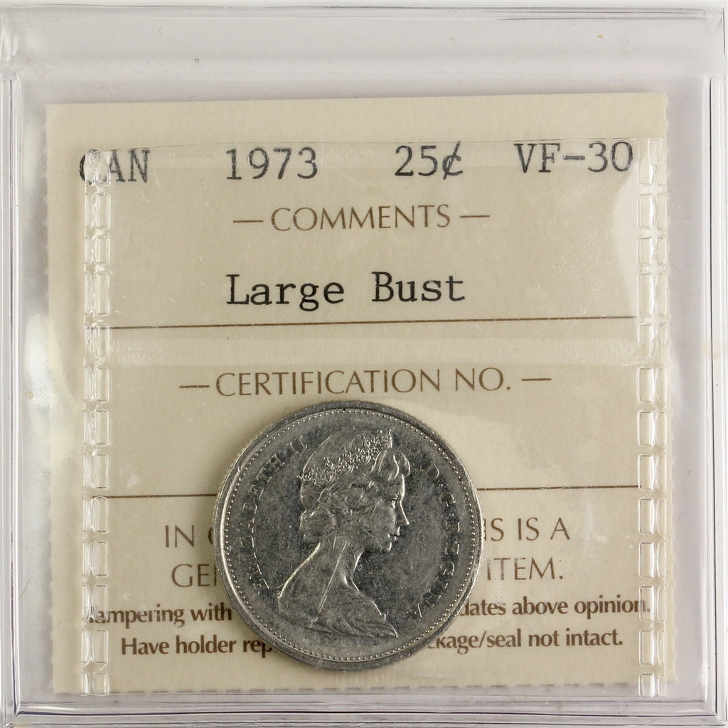 1973 Large Bust Canada 25-cents ICCS Certified VF30