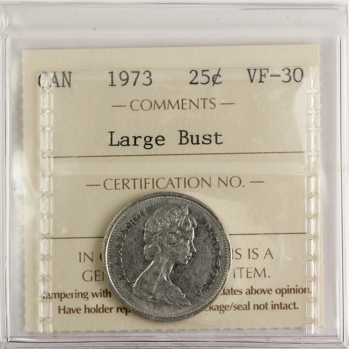 1973 Large Bust Canada 25-cents ICCS Certified VF30