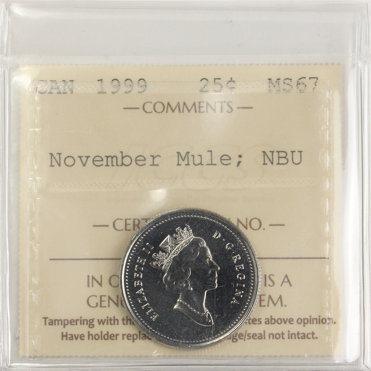 1999 November Mule Canada 25-cents ICCS Certified MS67 NBU