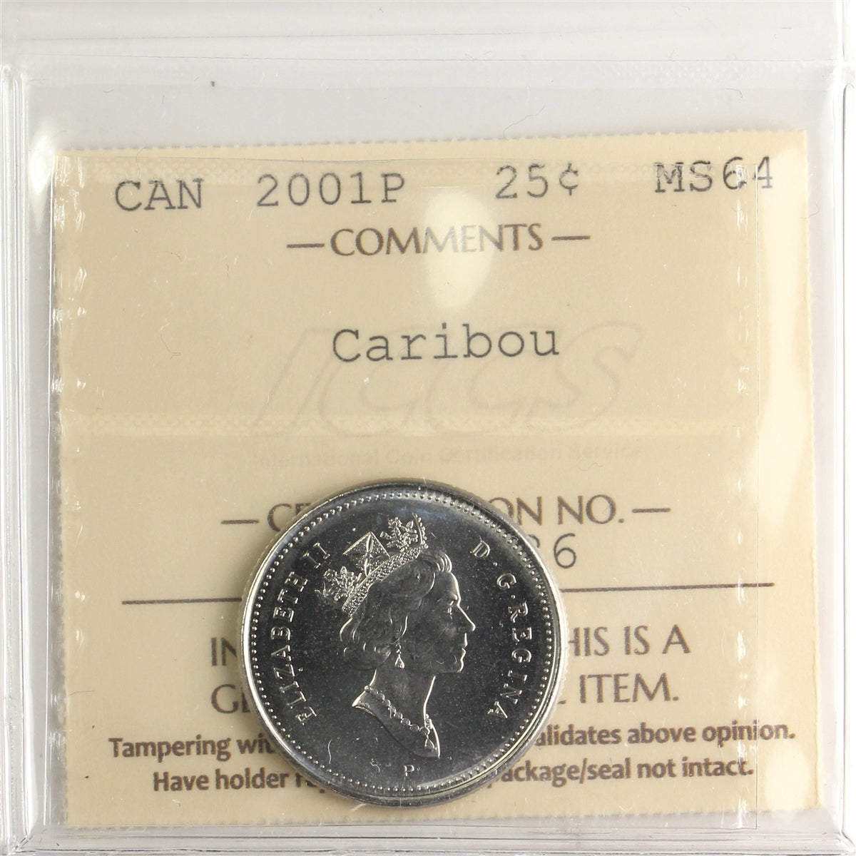 2001P Caribou Canada 25-cents ICCS Certified MS64