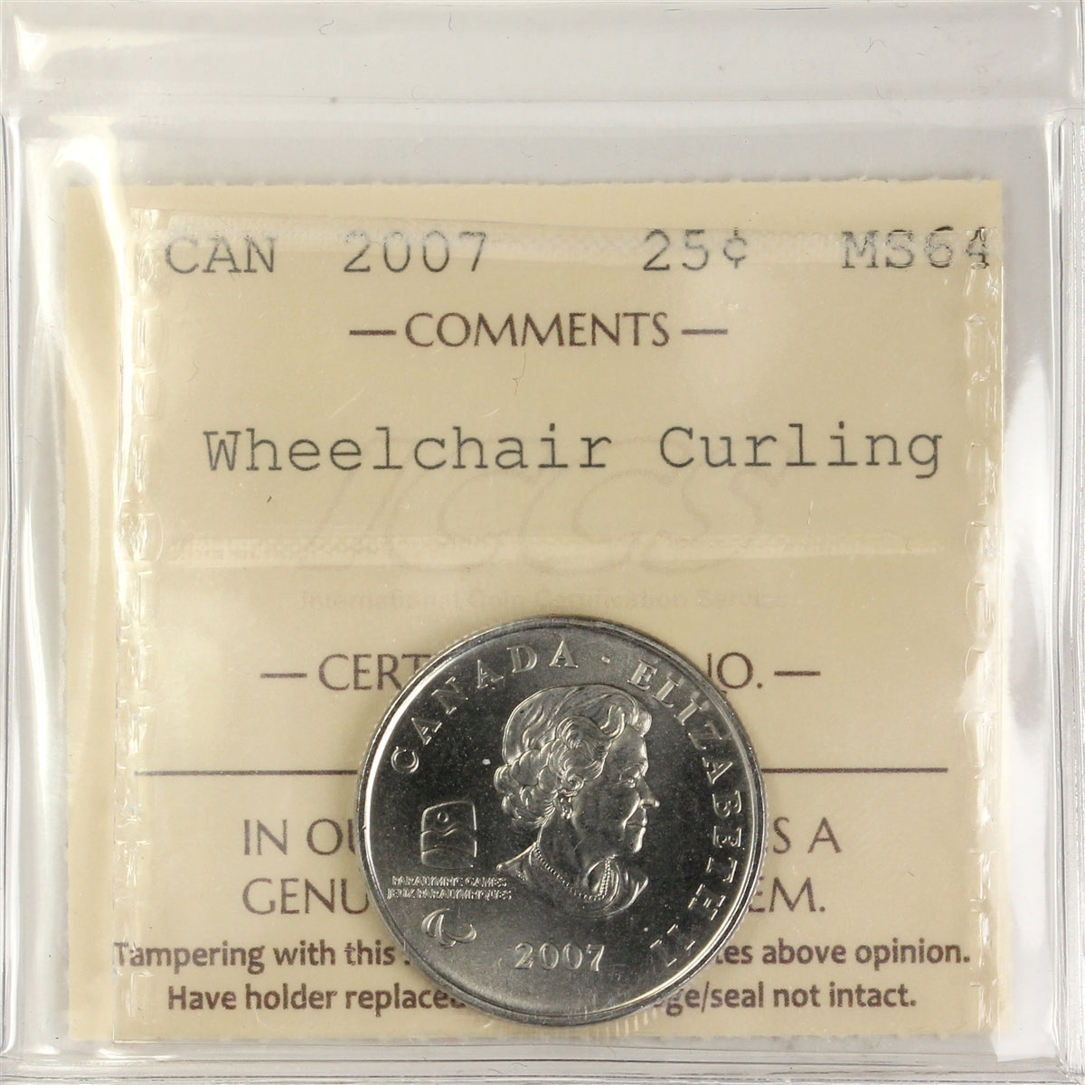 2007 Wheelchair Curling Canada 25-cents ICCS Certified MS64