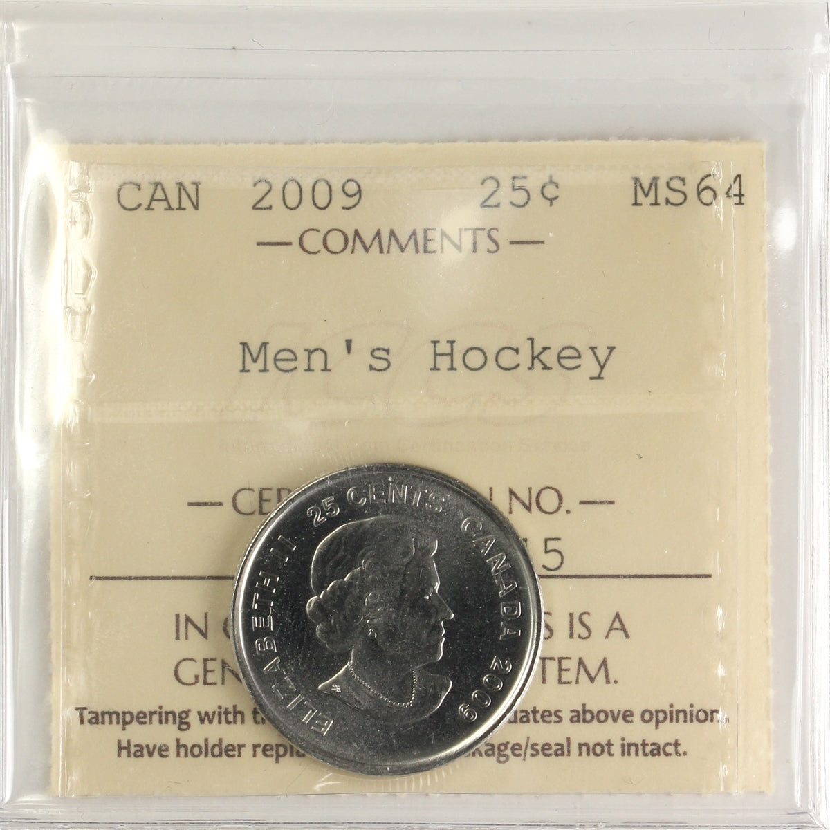 2009 Men's Hockey Canada 25-cents ICCS Certified MS64