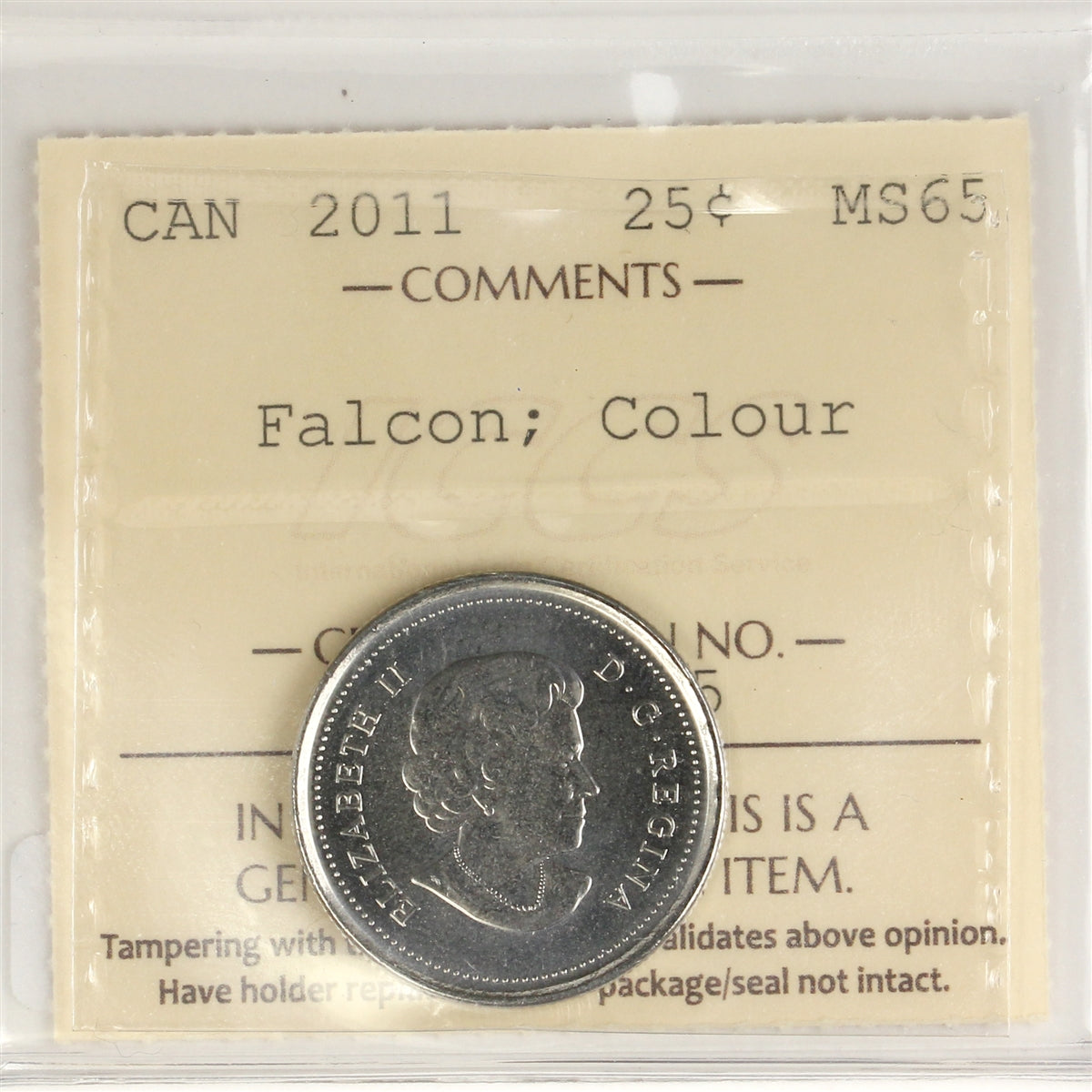 2011 Coloured Falcon Canada 25-cents ICCS Certified MS65