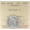 1872H Obv. 2 Canada 25-cents ICCS Certified EF45