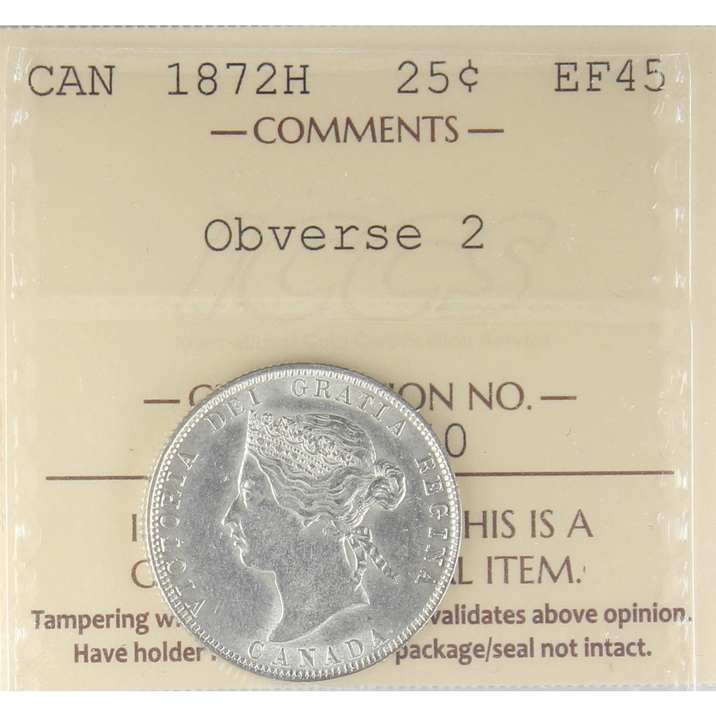 1872H Obv. 2 Canada 25-cents ICCS Certified EF45