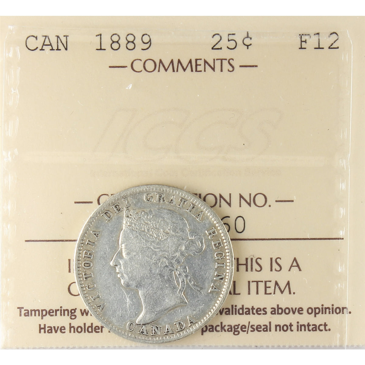 1889 Canada 25-cents ICCS Certified F12