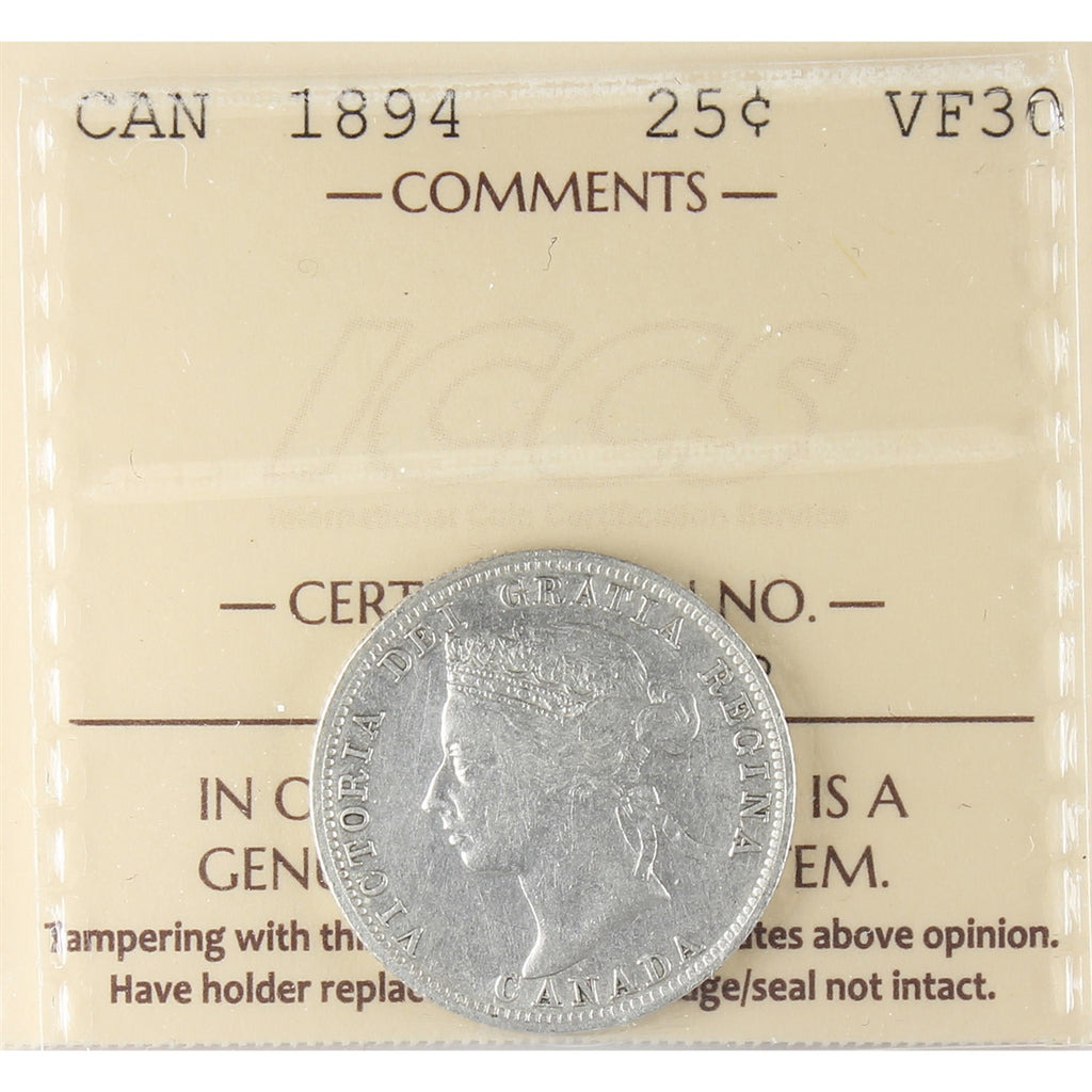 1894 Canada 25-cents ICCS Certified VF30