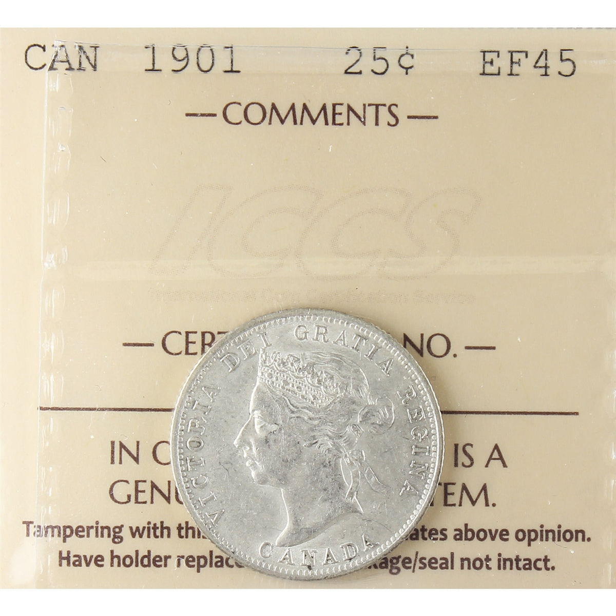 1901 Canada 25-cents ICCS Certified EF45