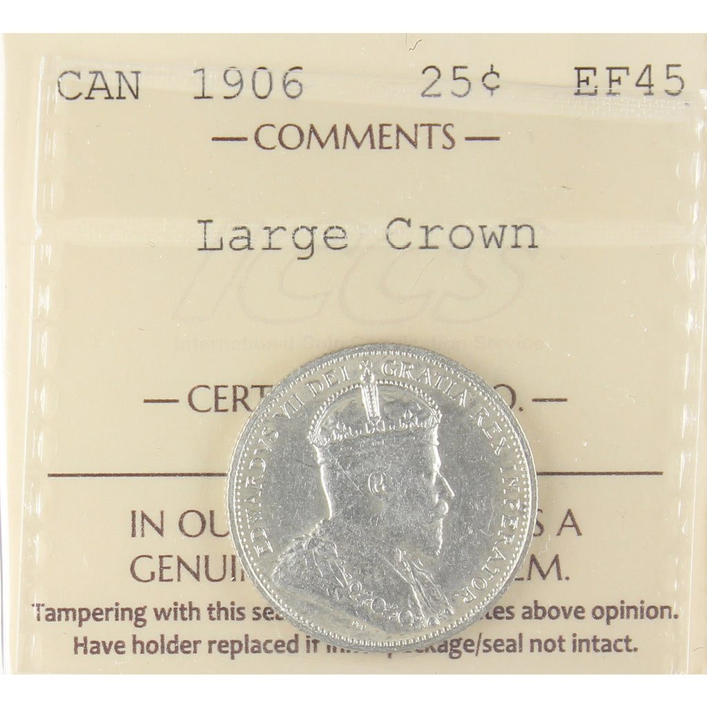 1906 Large Crown Canada 25-cents ICCS Certified EF45