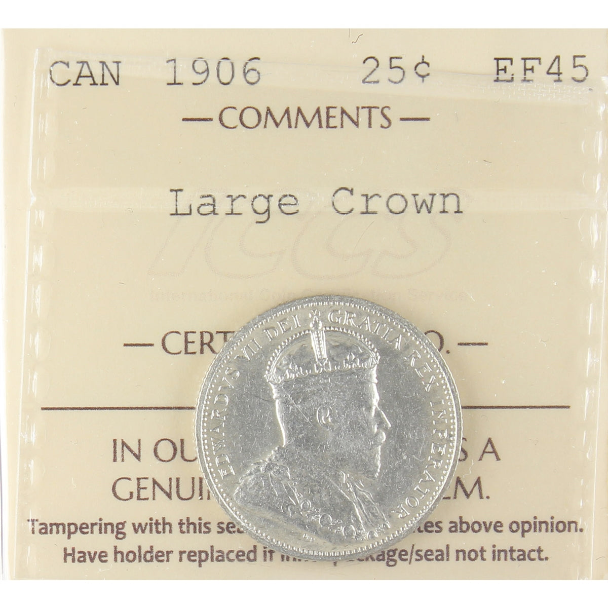 1906 Large Crown Canada 25-cents ICCS Certified EF45